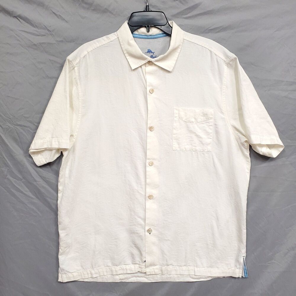 Tommy Bahama Shirt Men Silk Cotton Hawaiian Embroidered Ivory Size Large